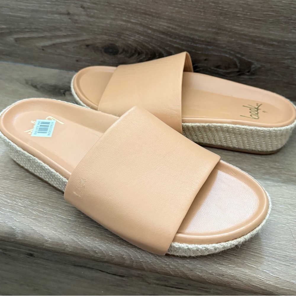 New Beek Anthropologie Beach Tan Leather Jute Pelican Slides Sandals 9 $290
